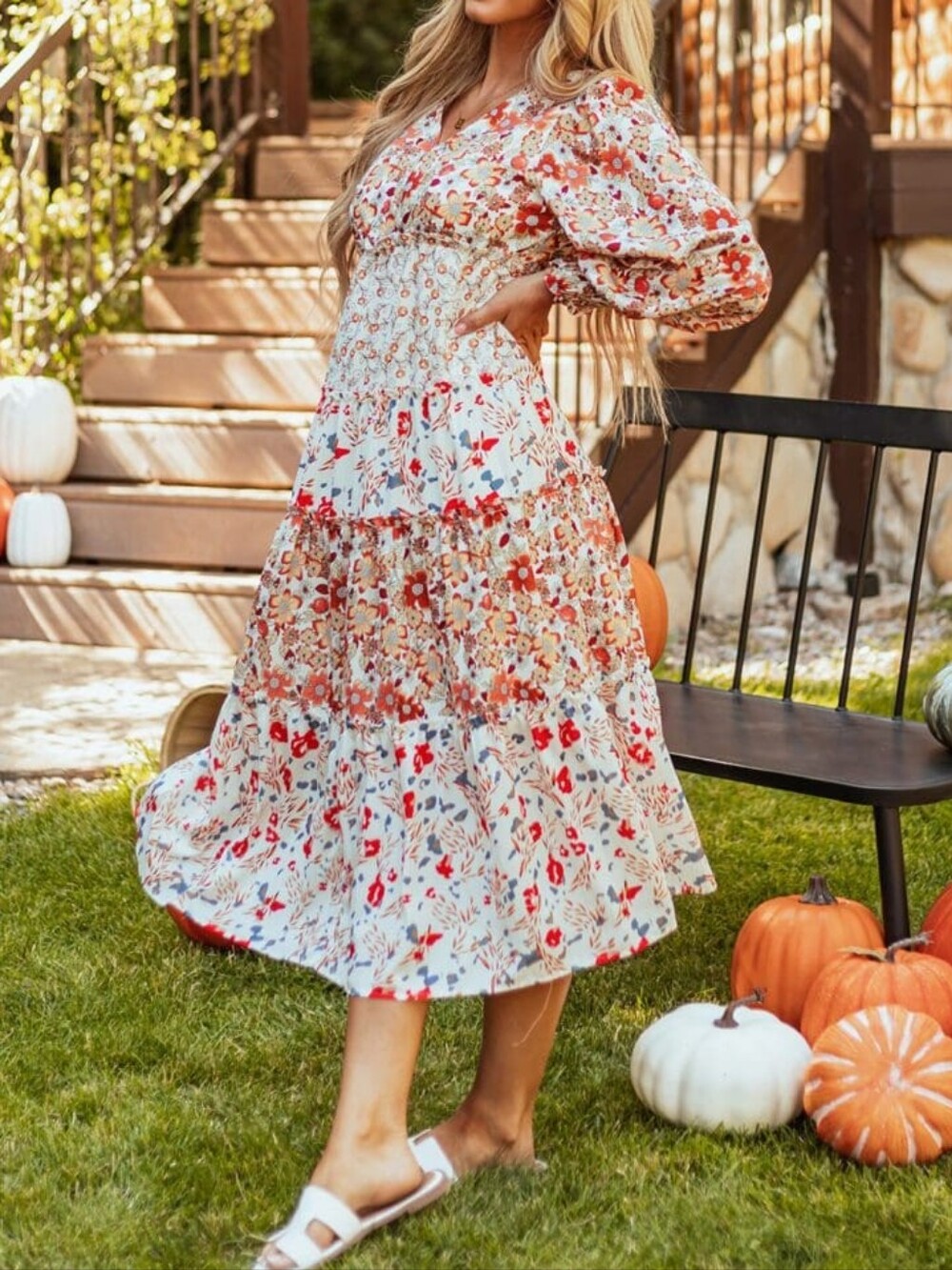 T & C Apparel Floral Tiered Midi Dress White Orange Gold Elastic Waist Lined 3X